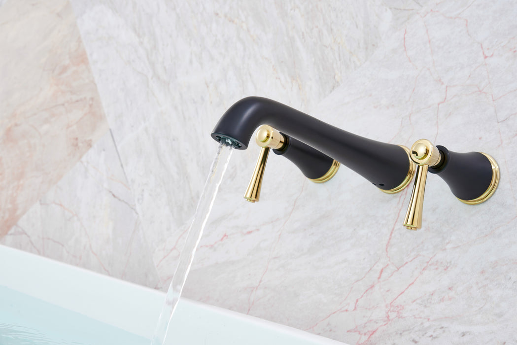 SITGES High Flow Polished Gold and Matte Black Wall Mount Bathtub Faucet with Two Level Handles, Extra-long 10.5" Spout Reach Solid Brass Wall Tub Filler with Rough-in Valve included