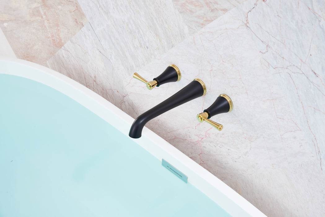 SITGES High Flow Polished Gold and Matte Black Wall Mount Bathtub Faucet with Two Level Handles, Extra-long 10.5" Spout Reach Solid Brass Wall Tub Filler with Rough-in Valve included