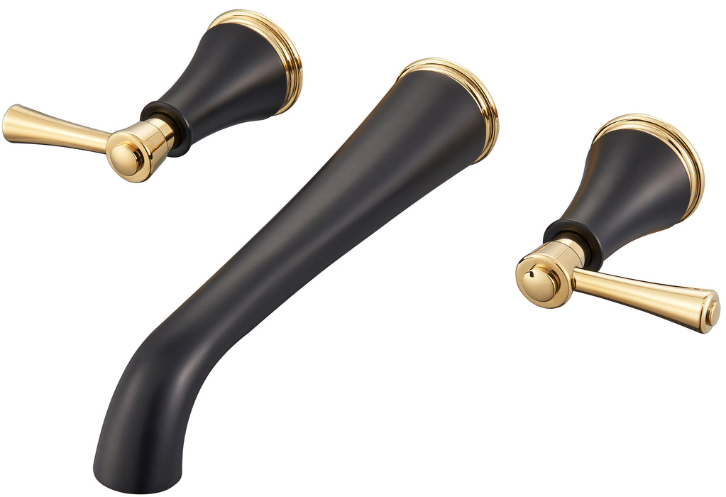 SITGES High Flow Polished Gold and Matte Black Wall Mount Bathtub Faucet with Two Level Handles, Extra-long 10.5" Spout Reach Solid Brass Wall Tub Filler with Rough-in Valve included