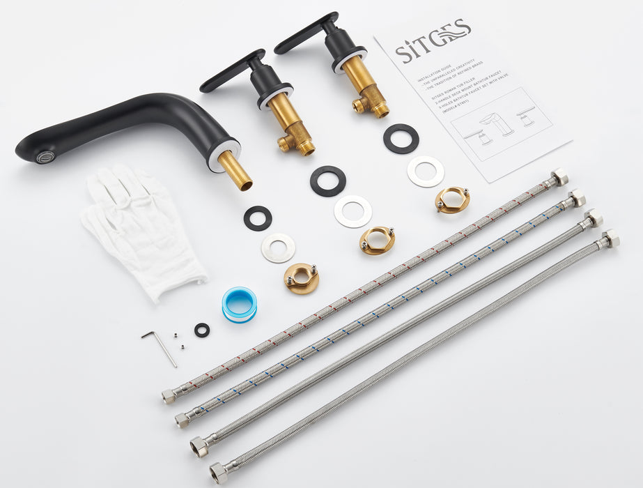 SITGES Classic Bathtub Faucet,2-Handle Matte Black Tub Filler,3-Hole Widespread Roman Tub Faucet,High Flow Deck Mount Bath Tub Faucet with Valve Included