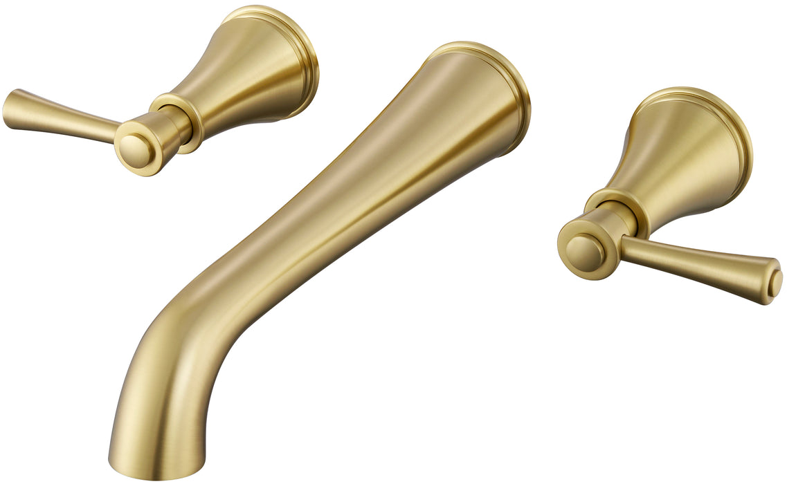 SITGES High Flow Brushed Gold Wall Mount Bathtub Faucet with Two Level Handles, Extra-long 10.5" Spout Reach Solid Brass Wall Tub Filler with Rough-in Valve included