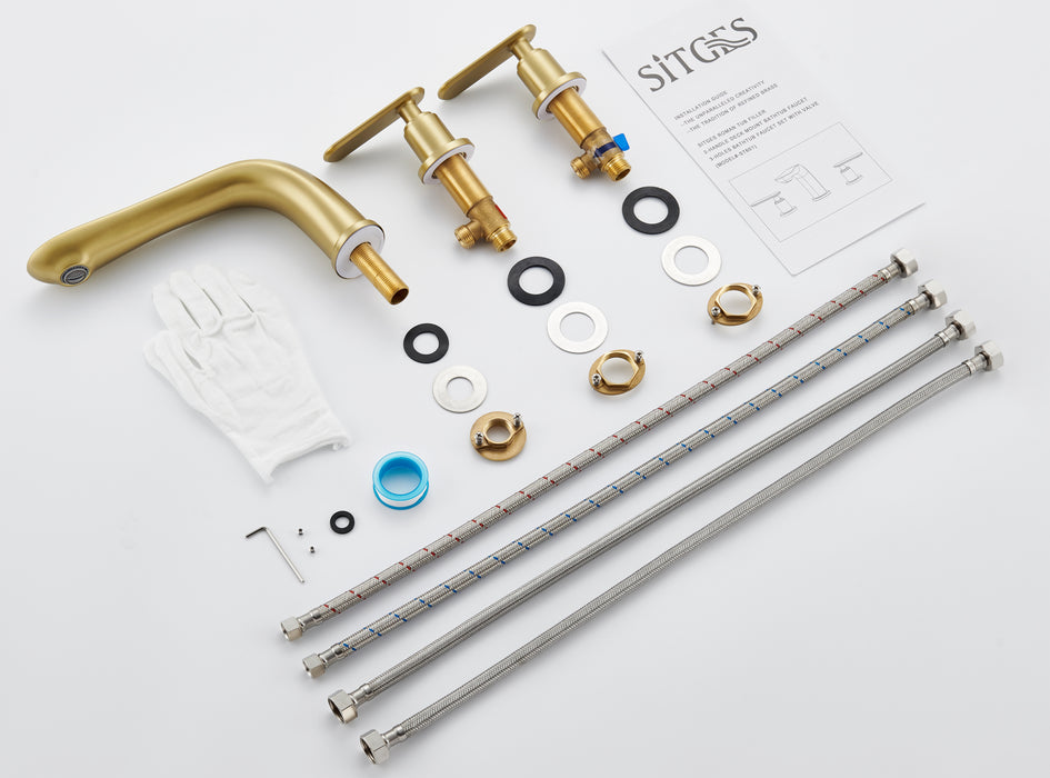 SITGES Classic Bathtub Faucet,2-Handle Brushed Gold Tub Filler,3-Hole Widespread Roman Tub Faucet,High Flow Deck Mount Bath Tub Faucet with Valve Included