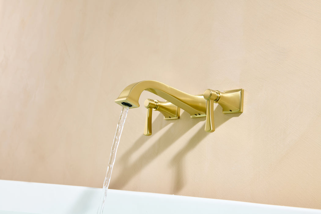 Wall Mount Tub Faucet,Brushed Gold High-Flow 2-Handle Tub Filler,10-Inch Square Spout with Engineered Curves, Solid Brass, Rough-In Valve Included,KOTTISAARI