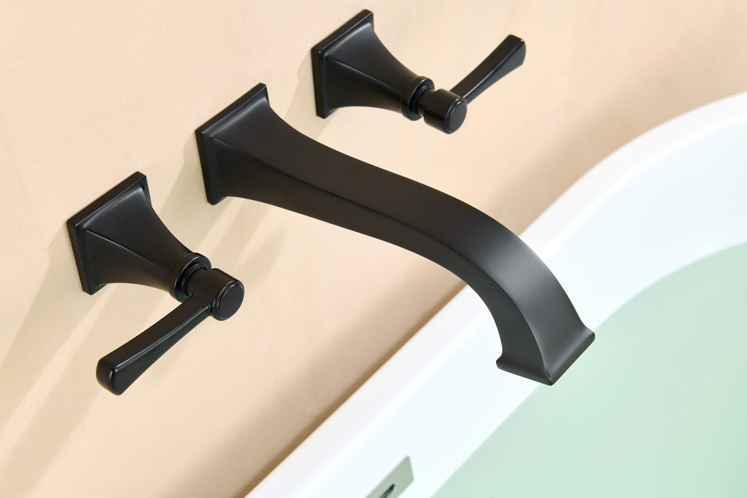 Wall-Mount Tub Faucet,Matte Black High-Flow 2-Handle Tub Filler,10-Inch Square Spout with Engineered Curves, Solid Brass, Rough-In Valve Included,KOTTISAARI