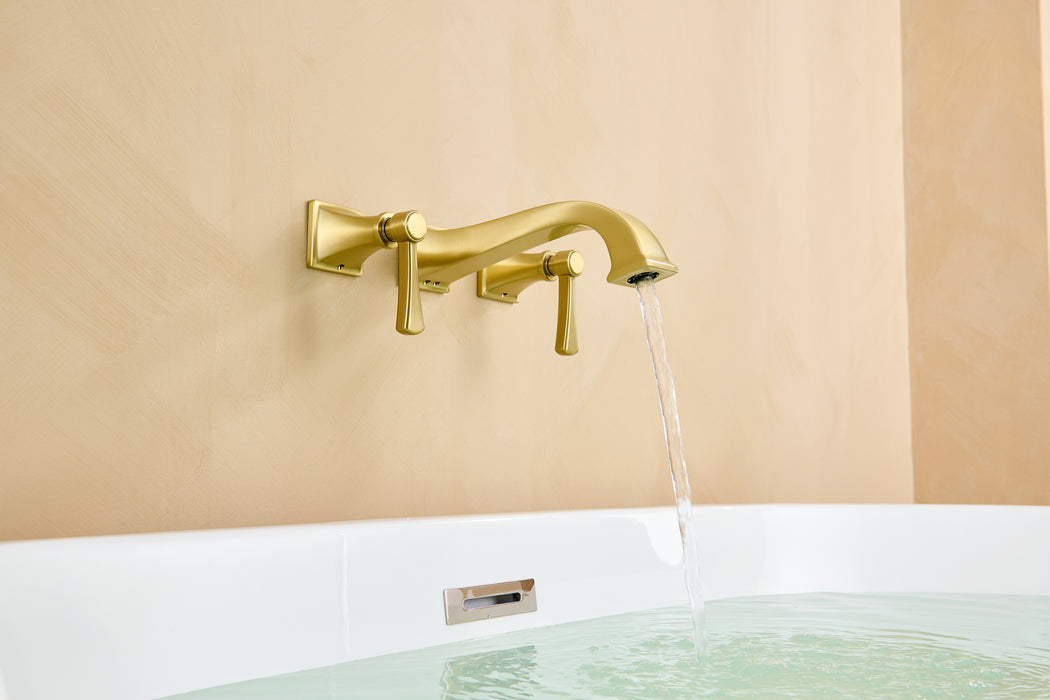 Wall Mount Tub Faucet,Brushed Gold High-Flow 2-Handle Tub Filler,10-Inch Square Spout with Engineered Curves, Solid Brass, Rough-In Valve Included,KOTTISAARI