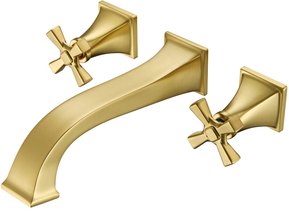Wall-Mount Tub Faucet,Brushed Gold High-Flow Tub Filler,Dual Cross Handles,10-Inch Square Spout with Engineered Curves,Solid Brass,Rough-In Valve Included – KOTTISAARI