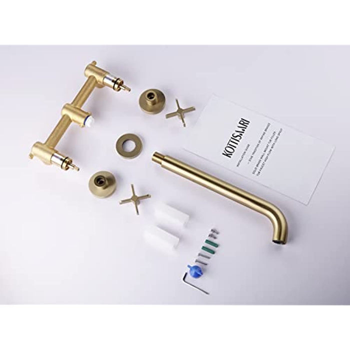 Wall Mount Tub Filler,Two Handle Bathtub Faucet, Extra Long Spout Reach with High Water Flow, Brass Rough in Valve Included,Brushed Gold