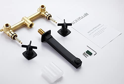 KOTTISAARI Matte Black Wall Mount Bathroom Faucet, Solid Brass Wall Faucet with Dual Cross Handles, 8 Inch Center Sink Faucet with 8 Inch Spout Reach, Rough in Valve Included