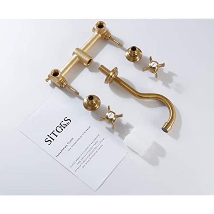 SITGES Antique Wall Faucet,Two Handle Bathroom Sink Wall Mount Faucet with Rough in Valve included,Gold Brushed