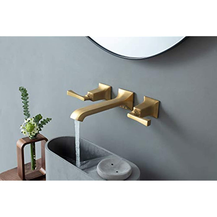 SITGES Bathroom Wall Faucet, Heavy Duty, Brass Constructed Wall Mount Faucet with Metal Lever Handles, Rough in Valve Included (Brushed Gold)