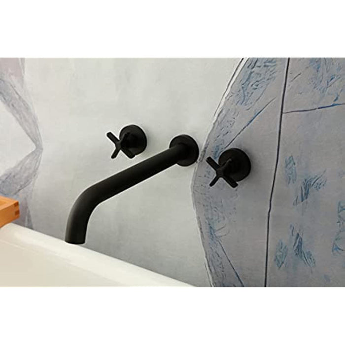 Wall Mount Tub Filler,Two Cross Handle Bathtub Faucet,Extra Long Spout Reach with High Water Flow,Brass Rough in Valve Included,Matte Black