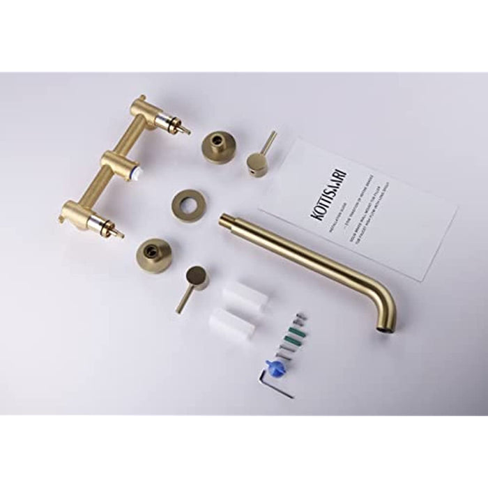 Wall Mount Tub Filler,Two Round Handle Bathtub Faucet,Extra Long Spout Reach with High Water Flow,Brass Rough in Valve Included,Brushed Gold