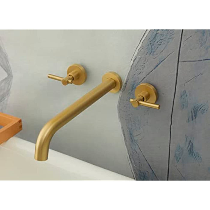 Wall Mount Tub Filler,Two Handle Bathtub Wall Faucet,Extra Long Spout Reach with High Water Flow,Brass Rough in Valve Included, Gold Brushed