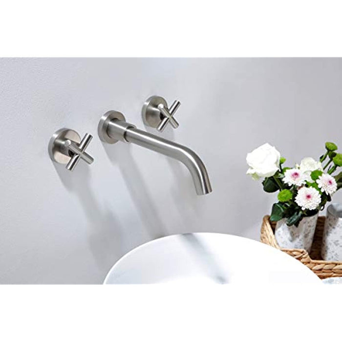 SITGES Brushed Nickel Bathroom Faucet, Double Handle Wall Mount Bathroom Sink Faucet and Rough in Valve Included (Brushed Nickel)