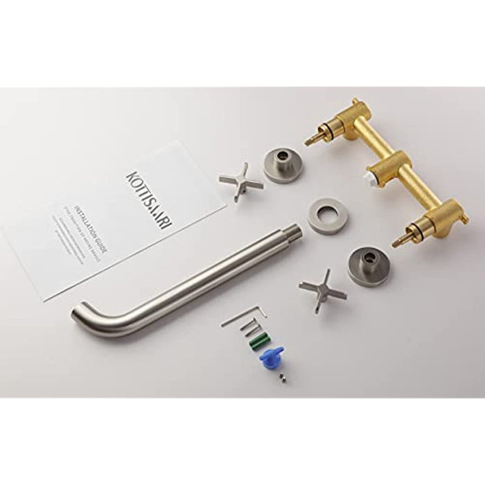 Wall Mount Tub Filler,Two Cross Handle Bathtub Faucet,Extra Long Spout Reach with High Water Flow,Brass Rough in Valve Included,Nickel Brushed