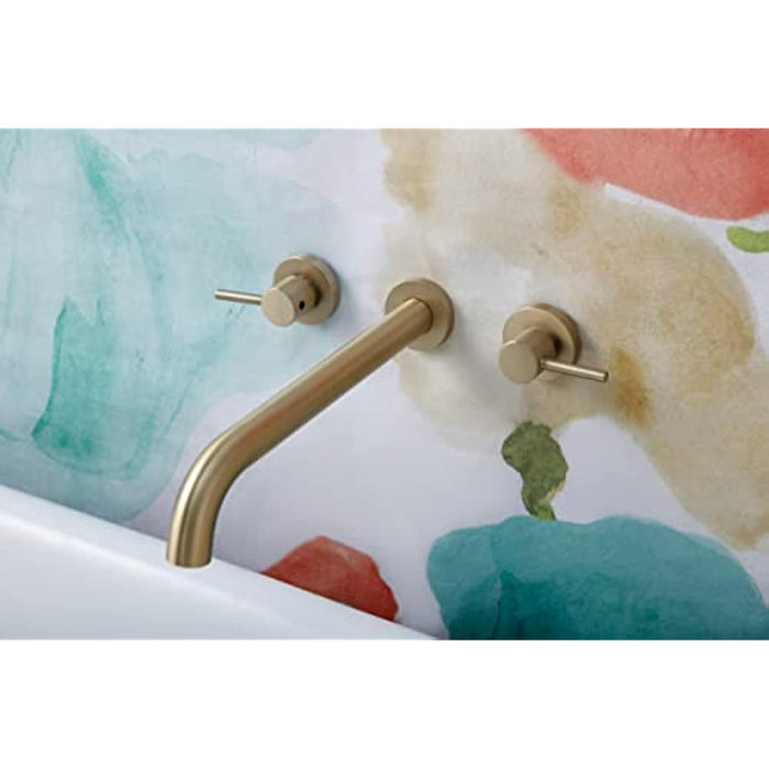 Wall Mount Tub Filler,Two Round Handle Bathtub Faucet,Extra Long Spout Reach with High Water Flow,Brass Rough in Valve Included,Brushed Gold