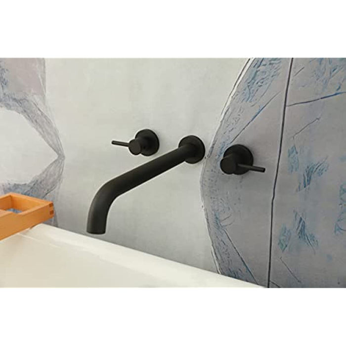 Wall Mount Tub Filler,Two Round Handle Bathtub Faucet,Extra Long Spout Reach with High Water Flow,Brass Rough in Valve Included,Matte Black.