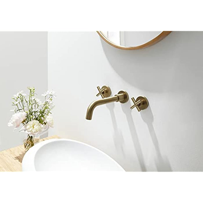 SITGES Gold Bathroom Faucet, Double Handle Wall Mount Bathroom Sink Faucet and Rough in Valve Included (Gold)