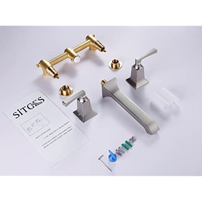 SITGES Bathroom Wall Faucet, Heavy Duty, Brass Constructed Wall Mount Vanity Faucet with Metal Lever Handles, Rough in Valve Included,Matte Brushed Nickel