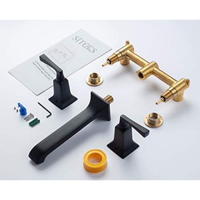 SITGES Bathroom Wall Faucet, Heavy Duty, Brass Constructed Wall Mount Faucet with Metal Lever Handles, Rough in Valve Included (Matte Black)