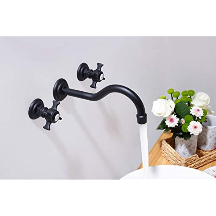 SITGES Antique Wall Faucet,Two Handle Bathroom Sink Wall Mount Faucet with Rough in Valve included,Matte Black