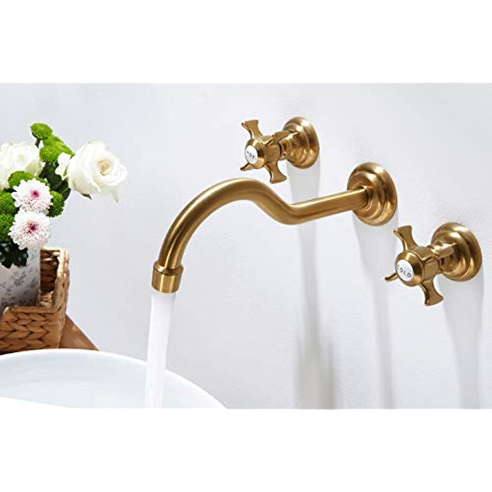 SITGES Antique Wall Faucet,Two Handle Bathroom Sink Wall Mount Faucet with Rough in Valve included,Gold Brushed