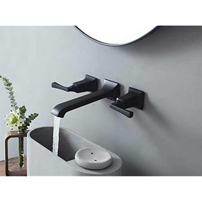 SITGES Bathroom Wall Faucet, Heavy Duty, Brass Constructed Wall Mount Faucet with Metal Lever Handles, Rough in Valve Included (Matte Black)