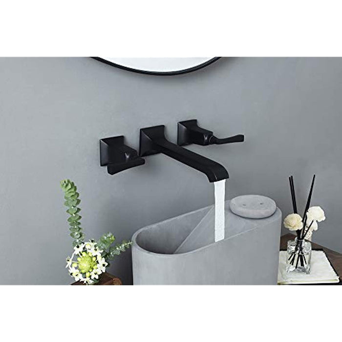 SITGES Bathroom Wall Faucet, Heavy Duty, Brass Constructed Wall Mount Faucet with Metal Lever Handles, Rough in Valve Included (Matte Black)