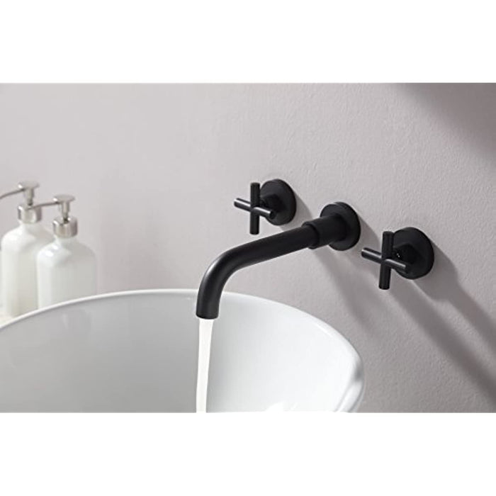 SITGES Matte Black Bathroom Faucet, Double Handle Wall Mount Bathroom Sink Faucet and Rough in Valve Included (Matte Black)