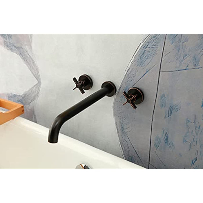 Wall Mount Tub Filler,Two Cross Handle Bathtub Faucet,Extra Long Spout Reach with High Water Flow,Brass Rough in Valve Included,Oil Rubbed Bronze