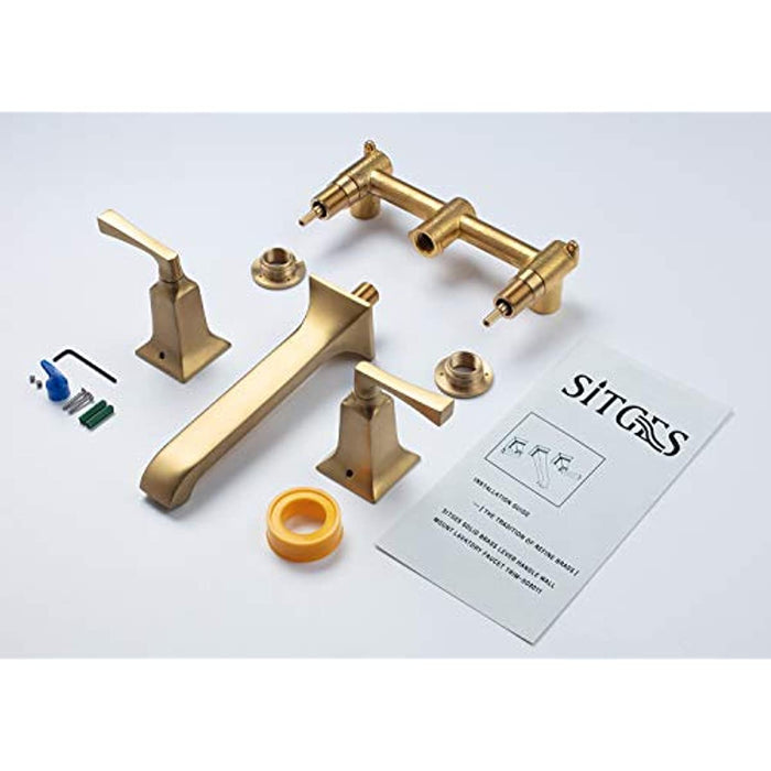 SITGES Bathroom Wall Faucet, Heavy Duty, Brass Constructed Wall Mount Faucet with Metal Lever Handles, Rough in Valve Included (Brushed Gold)