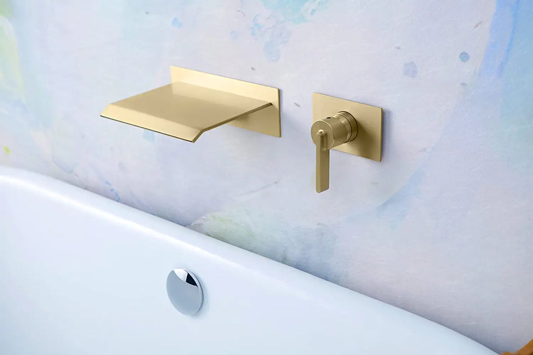 SITGES High Flow Wall Mount Tub Filler, Single Lever Handle Control with Large Waterfall Tub Spout, Pressure Balance Rough in Valved Included, cUPC Certificated, Brushed Gold