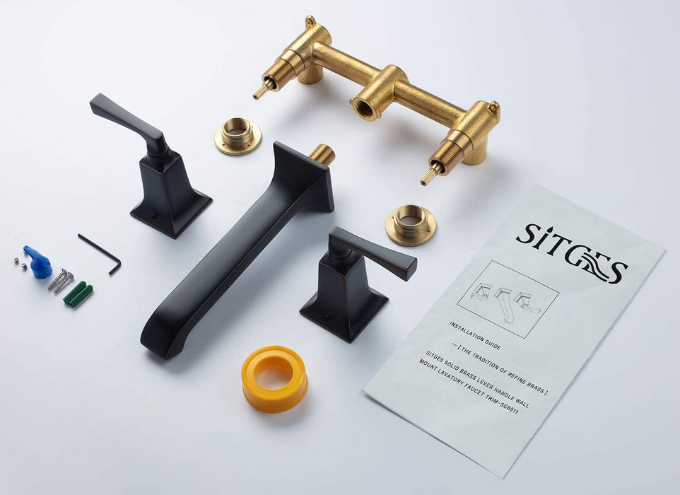 SITGES Bathroom Wall Faucet, Heavy Duty, Brass Constructed Wall Mount Faucet with Metal Lever Handles, Rough in Valve Included (Oil Rubbed Bronze)