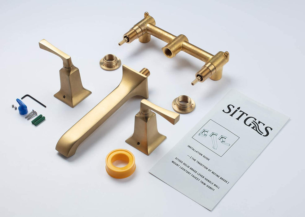 SITGES Bathroom Wall Faucet, Heavy Duty, Brass Constructed Wall Mount Faucet with Metal Lever Handles, Rough in Valve Included (Brushed Gold)