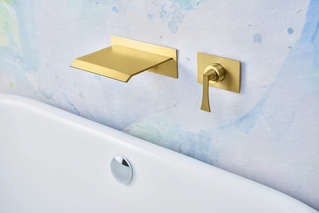 SITGES High Flow Wall Mount Tub Filler, Single Lever Handle Control with Large Waterfall Tub Spout, cUPC Certificated, Pressure Balance Rough in Valved Included, Brushed Gold