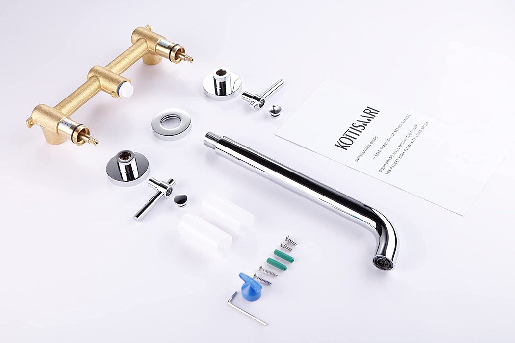 Wall Mount Tub Filler,Two Handle Bathtub Faucet, Extra Long Spout Reach with High Water Flow, Brass Rough in Valve Included,Chrome