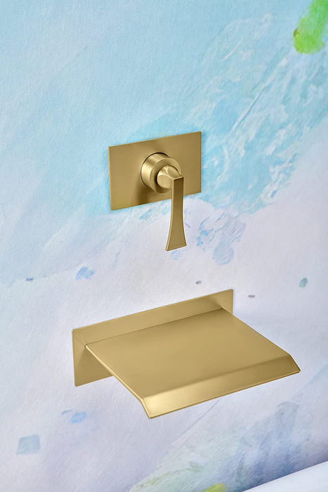 SITGES High Flow Wall Mount Tub Filler, Single Lever Handle Control with Large Waterfall Tub Spout, cUPC Certificated, Pressure Balance Rough in Valved Included, Brushed Gold