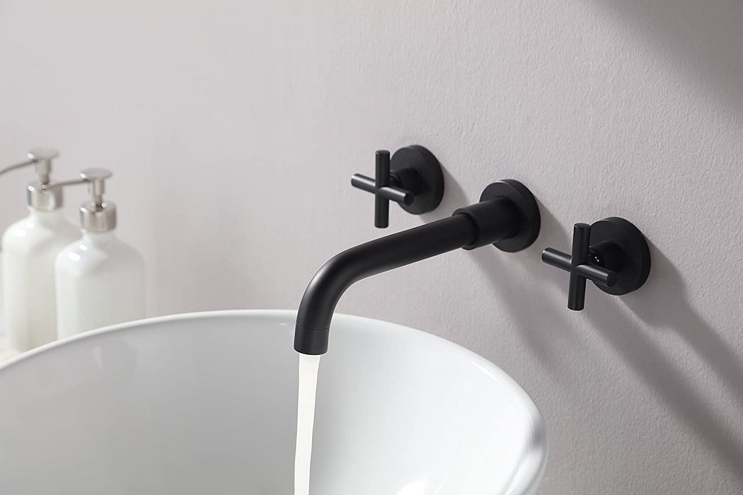 SITGES Matte Black Bathroom Faucet, Double Handle Wall Mount Bathroom Sink Faucet and Rough in Valve Included (Matte Black)