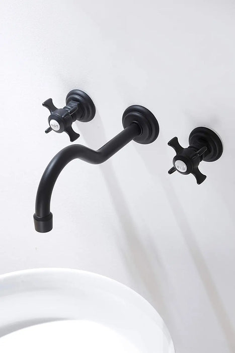 SITGES Antique Wall Faucet,Two Handle Bathroom Sink Wall Mount Faucet with Rough in Valve Included,Matte Black