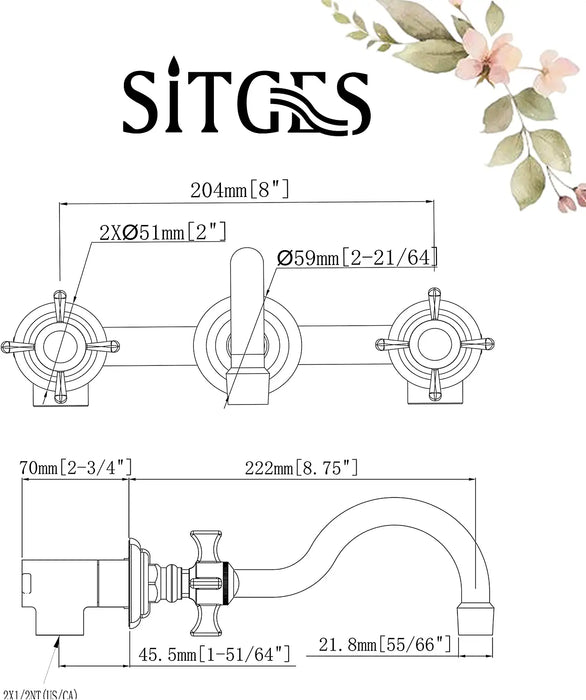 SITGES Antique Wall Faucet,Two Handle Bathroom Sink Wall Mount Faucet with Rough in Valve Included,Matte Black