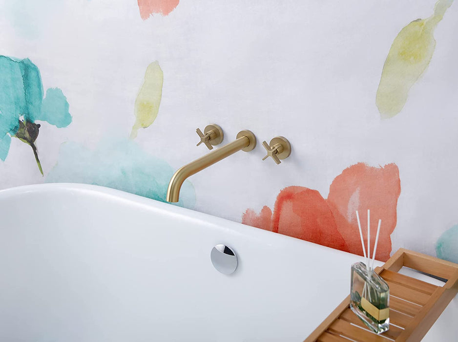 Wall Mount Tub Filler,Two Handle Bathtub Wall Faucet,Extra Long Spout Reach with High Water Flow,Brass Rough in Valve Included, Gold Brushed