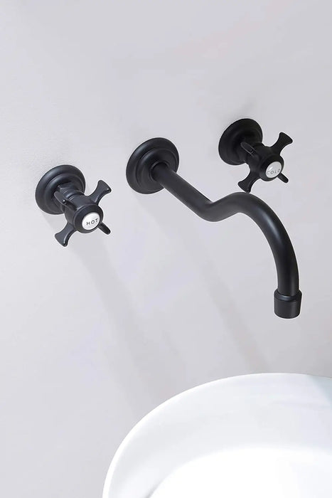 SITGES Antique Wall Faucet,Two Handle Bathroom Sink Wall Mount Faucet with Rough in Valve Included,Matte Black