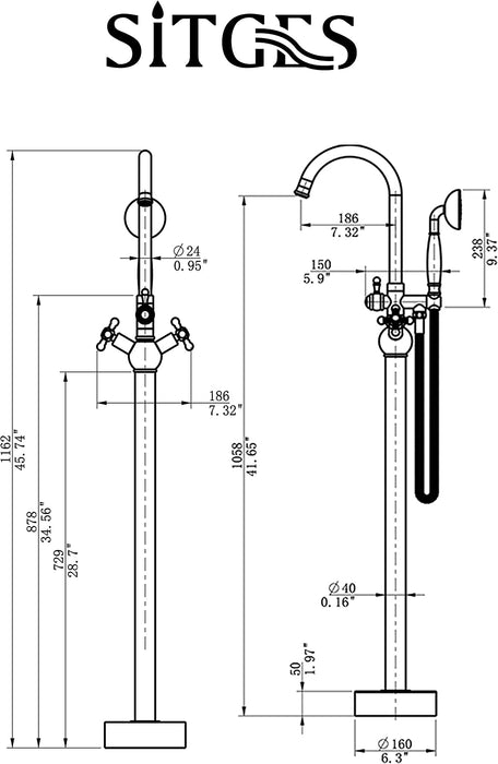 SITGES Solid Brass Freestanding Bathtub Faucet, Bathroom Floor Mount Tub Filler, Dual Function Double Cross Handle with Ceramic Hand Shower,Brushed Gold