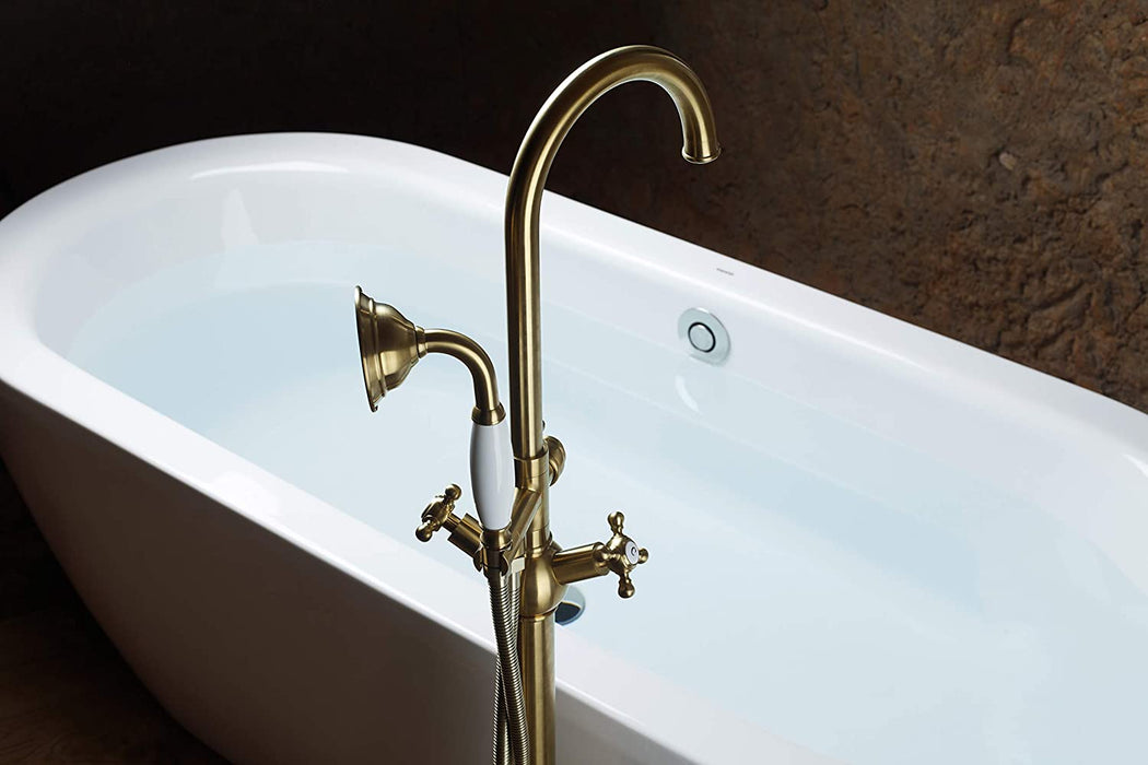 SITGES Solid Brass Freestanding Bathtub Faucet, Bathroom Floor Mount Tub Filler, Dual Function Double Cross Handle with Ceramic Hand Shower, Brushed Gold