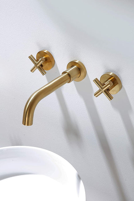 SITGES Gold Bathroom Faucet, Double Handle Wall Mount Bathroom Sink Faucet and Rough in Valve Included (Gold)