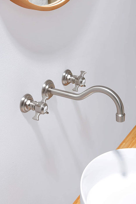 SITGES Wall Faucet,Two Handle Bathroom Sink Wall Mount Faucet with Rough in Valve Included,Brushed Nickel