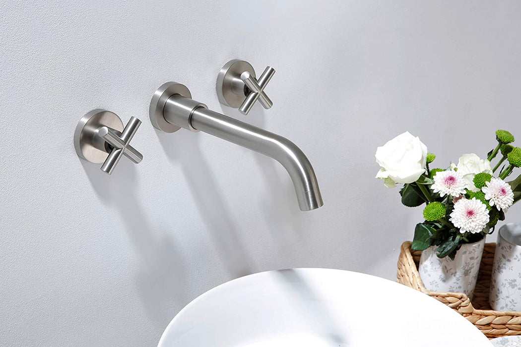 SITGES Brushed Nickel Bathroom Faucet, Double Handle Wall Mount Bathroom Sink Faucet and Rough in Valve Included (Brushed Nickel)