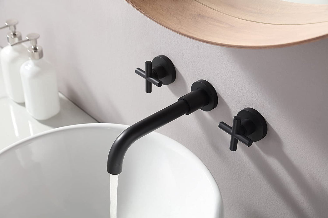 SITGES Matte Black Bathroom Faucet, Double Handle Wall Mount Bathroom Sink Faucet and Rough in Valve Included (Matte Black)