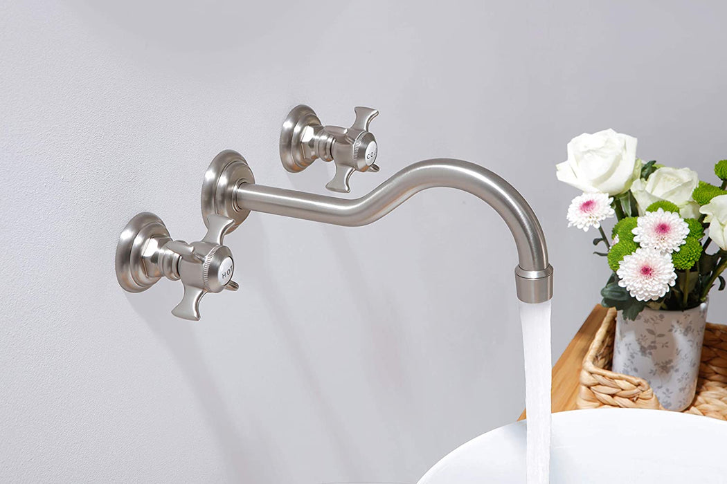 SITGES Wall Faucet,Two Handle Bathroom Sink Wall Mount Faucet with Rough in Valve Included,Brushed Nickel