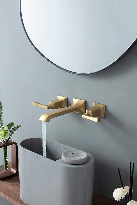 SITGES Bathroom Wall Faucet, Heavy Duty, Brass Constructed Wall Mount Faucet with Metal Lever Handles, Rough in Valve Included (Brushed Gold)